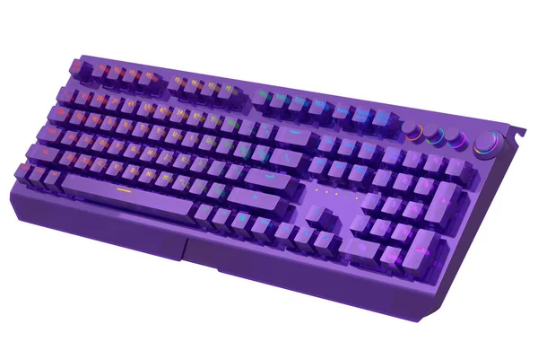 Realistic computer keyboard with violet chrome texture isolated on white background. 3D render of streaming gear for cloud gaming and gamer workspace concept