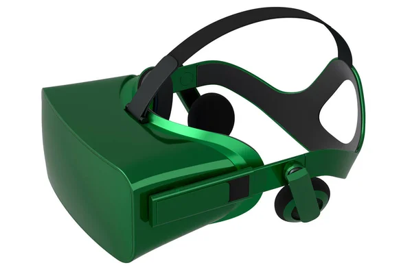 Realistic virtual reality glasses with green chrome texture isolated on white background. 3d render 3D render of streaming gear for cloud gaming and gamer workspace concept