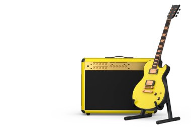 Beyaz arka planda elektro veya akustik gitarlı klasik amplifikatör var. Stüdyo veya prova odasında bas gitar kaydetmek için 3D yükseltici, rock festivali konsepti