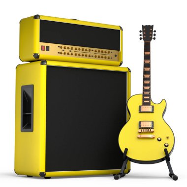 Beyaz arka planda elektro veya akustik gitarlı klasik amplifikatör var. Stüdyo veya prova odasında bas gitar kaydetmek için 3D yükseltici, rock festivali konsepti