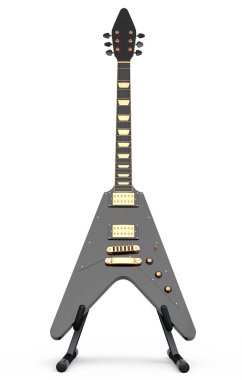 Beyaz arka planda elektro akustik gitar var. Müzik dükkanı için heavy metal gitarlı 3D rock festivali posteri.