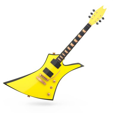 Beyaz arka planda izole edilmiş elektro akustik gitar. Müzik dükkanı için heavy metal gitarlı 3D rock festivali posteri.