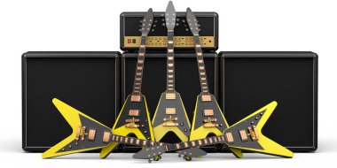 Beyaz arka planda elektrikli akustik gitar ve yükseltici seti. Müzik dükkanı için heavy metal gitarlı 3D rock festivali posteri.