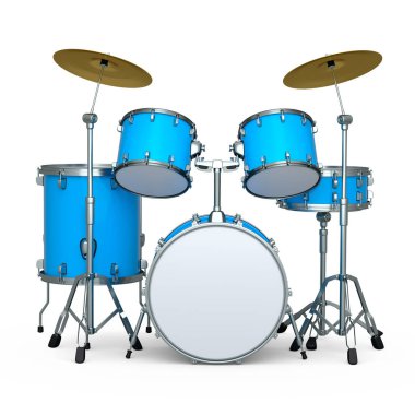 Beyaz arka planda metal zilleri olan gerçekçi davullar. 3D render müzik perküsyon enstrümanı, davul makinesi ve bateri seti