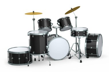 Beyaz arka planda metal zilleri olan gerçekçi davullar. 3D render müzik perküsyon enstrümanı, davul makinesi ve bateri seti