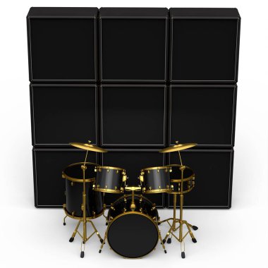 Metal zilli gerçekçi davullar veya bateri seti ve beyaz zemin üzerinde yükseltici. 3D render müzik perküsyon enstrümanı, davul makinesi ve bateri seti