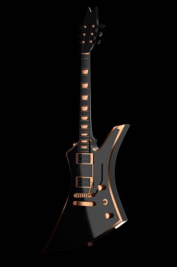 Elektro akustik gitarın yakın çekimi siyah zemin üzerinde izole edilmiş. Müzik dükkanı için heavy metal gitarlı 3D rock festivali posteri.