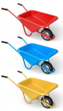 Bahçedeki bahçıvan ve saksılar için beyaz arka planda bahçe aletleri ve malzemeler. 3D bahçe işleri ve tarım malzemeleri kavramı