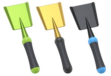 Bahçedeki bahçıvan ve saksılar için beyaz arka planda bahçe aletleri ve malzemeler. 3D bahçe işleri ve tarım malzemeleri kavramı