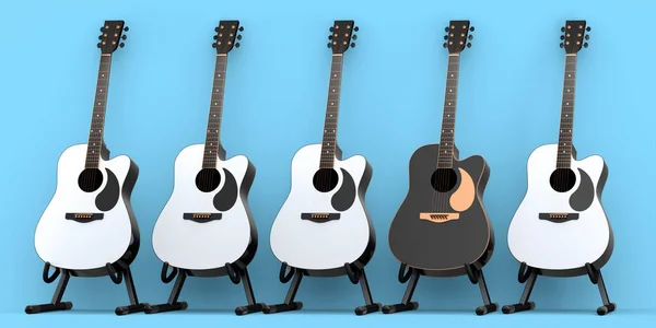 Conjunto Guitarra Acústica Isolada Sobre Fundo Azul Renderização Conceito Para — Fotografia de Stock