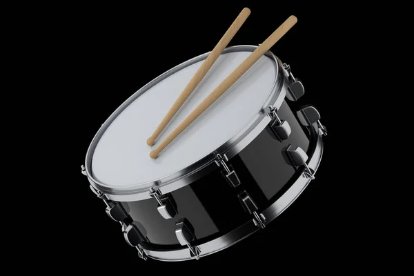 現実的なドラムと黒い背景に木製のドラムスティック ドラムマシンの3Dレンダリングコンセプト — ストック写真