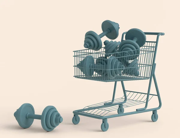 Sport Equipment Dumbbell Fitness Shopping Cart Monochrome Background Render Power — Stockfoto