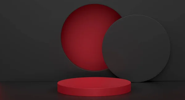 黒の背景にステップで赤いシリンダーの表彰台を貼り付けます 製品表示プレゼンテーションのための背景に抽象的な現実的な幾何学的な台座やプラットフォームの3Dレンダリング ミニマルシーン — ストック写真