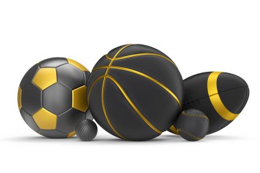 Basketbol, Amerikan futbolu ve golf gibi beyaz arka planda izole edilmiş siyah ve altın toplar. Takım oyunları için 3 boyutlu spor aksesuarları hazırlama