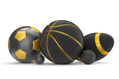 Set of black and gold ball like basketball, american football and golf isolated on white background. 3d rendering of sport accessories for team playing games clipart