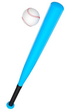 Blue rubber professional softball or baseball bat and ball isolated on white background. 3d rendering of sport accessories for team playing games clipart