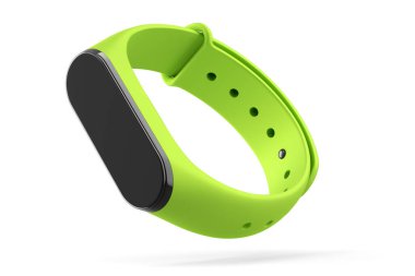Yeşil fitness takip cihazı ya da kalp atış hızı monitörü olan akıllı saat beyaz arka planda izole edilmiş. Etkin eğitim ve giyilebilir aygıt için 3D spor ekipmanı hazırlama.