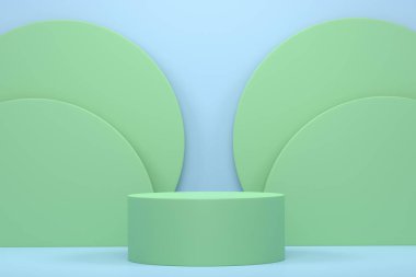 Mavi arka planda basamakları olan yeşil silindir podyum. Ürün gösterimi için soyut gerçekçi geometrik kaide veya platformun 3 boyutlu canlandırması. En küçük sahne.