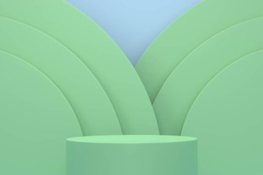 Mavi arka planda basamakları olan yeşil silindir podyum. Ürün gösterimi için soyut gerçekçi geometrik kaide veya platformun 3 boyutlu canlandırması. En küçük sahne.