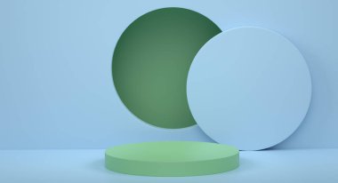 Mavi arka planda basamakları olan yeşil silindir podyum. Ürün gösterimi için soyut gerçekçi geometrik kaide veya platformun 3 boyutlu canlandırması. En küçük sahne.