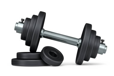 Beyaz arka planda siyah diskleri olan metal halterler. Spor malzemelerinin fitness ve powerlift için 3D yorumlaması