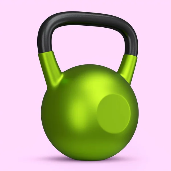 在粉色背景下隔离的用于锻炼的大型健身房绿色水壶钟 3D提供用于健身和举重的体育设备 — 图库照片