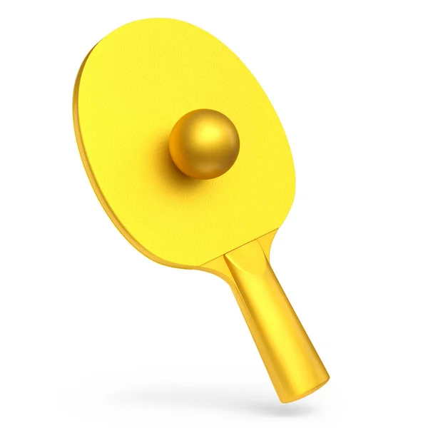 Gele Ping Pong Racket Voor Tafeltennis Met Gouden Bal Geïsoleerd — Stockfoto