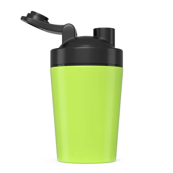 用于蛋白质饮料的绿色塑料运动振动器 在白色背景下分离 运动食品鸡尾酒容器三维渲染 — 图库照片