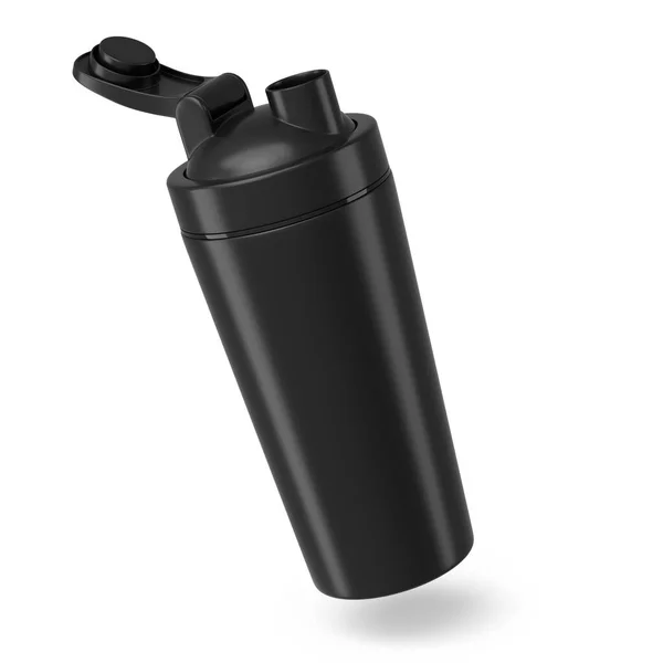 用于蛋白质饮料的黑色塑料运动振动器 在白色背景下分离 运动食品鸡尾酒容器三维渲染 — 图库照片