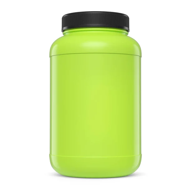 绿色塑料瓶 用于运动营养乳清蛋白和增强剂粉末分离的白色背景 交配式 桁架式和举重运动的运动补充剂3D渲染 — 图库照片