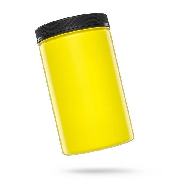 用于运动营养乳清蛋白和发酵粉的黄色塑料瓶 在白色背景下分离 交配式 桁架式和举重运动的运动补充剂3D渲染 — 图库照片