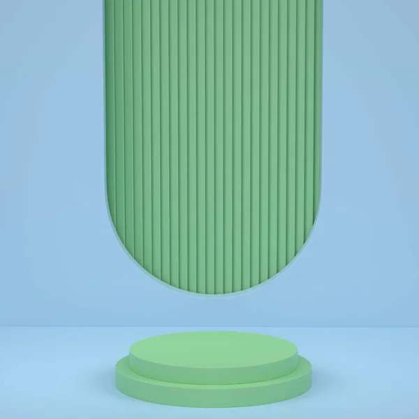 Pastell Grön Cylinder Podium Med Steg Blå Bakgrund Återgivning Abstrakt — Stockfoto