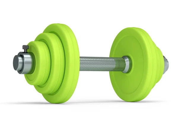 金属哑铃 绿色圆盘 白色背景隔离 3D提供用于健身和举重的体育设备 — 图库照片