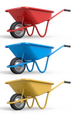 Bahçedeki bahçıvan ve saksılar için beyaz arka planda bahçe aletleri ve malzemeler. 3D bahçe işleri ve tarım malzemeleri kavramı