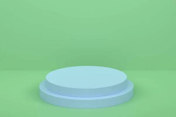 Podio Cilindro Verde Pastel Con Escalones Sobre Fondo Azul Renderizado — Foto de Stock