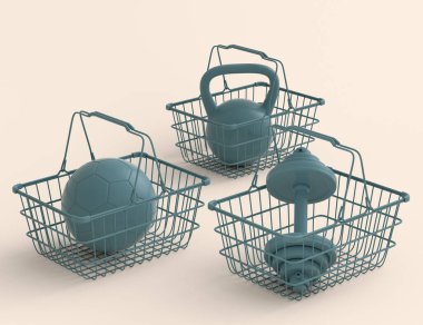 Sport equipment for fitness, gym in shopping basket on monochrome background. 3d render of power lifting and fitness concept