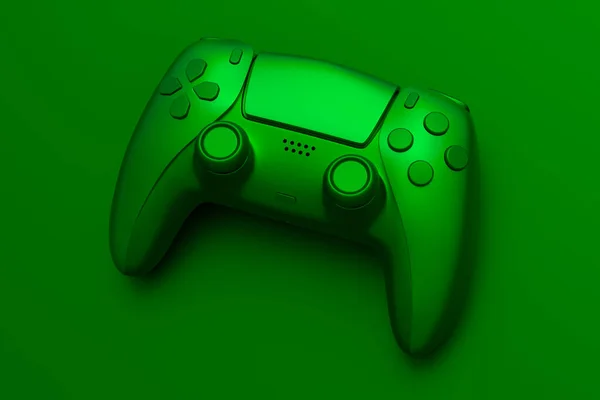 Realistic Video Game Joystick Green Chrome Texture Isolated Green Background — Stock Photo, Image