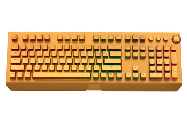 Realistic computer keyboard with golden chrome texture isolated on white background. 3D render of streaming gear for cloud gaming and gamer workspace concept