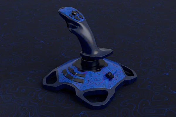 Realistic joystick for flight simulator with seamless wavy pattern on dark background. 3D render of streaming gear for cloud gaming and gamer workspace, device for augmented reality or VR