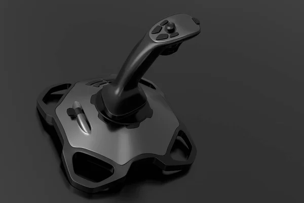 Realistic joystick for flight simulator with metallic chrome texture on dark background. 3D render of streaming gear for cloud gaming and gamer workspace, device for augmented reality or VR