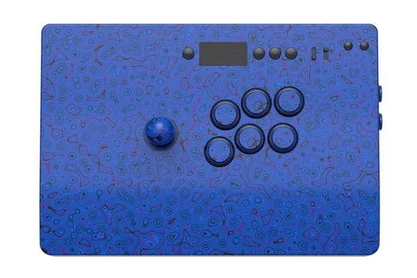 白い背景にシームレスな波状のパターンを持つジョイスティックとトーナメントグレードのボタンを持つヴィンテージアーケードスティック ゲーム機の3Dレンダリング クラウドゲームやゲーマーのワークスペースのコンセプトのためのストリーミングギア — ストック写真