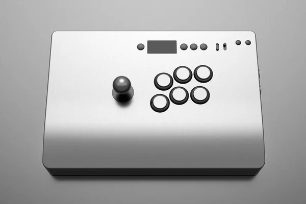 Vintage arcade stick with joystick and tournament-grade buttons with metallic chrome texture on dark background. 3d render of gaming machine, streaming gear for cloud gaming and workspace concept