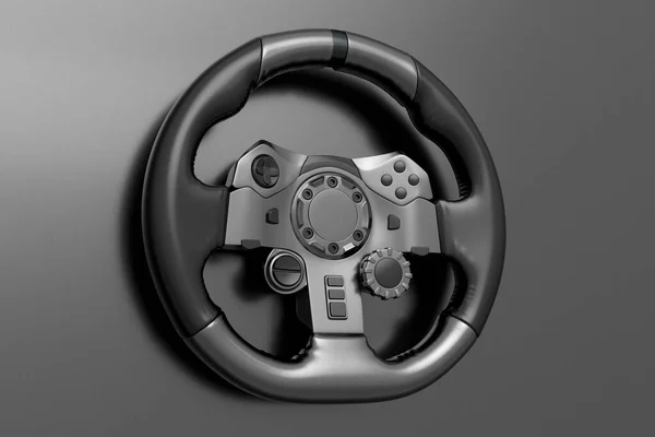Realistic leather steering wheel with metallic chrome texture on dark background. 3d render of gaming machine, streaming gear for cloud gaming and gamer workspace concept