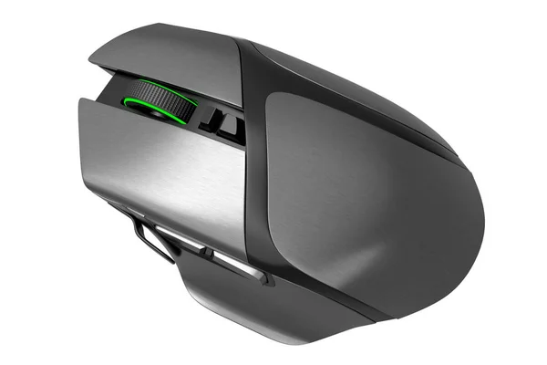 Wireless gaming computer mouse with metallic chrome texture on white background. 3d render of live streaming gear for cloud gaming and gamer workspace concept