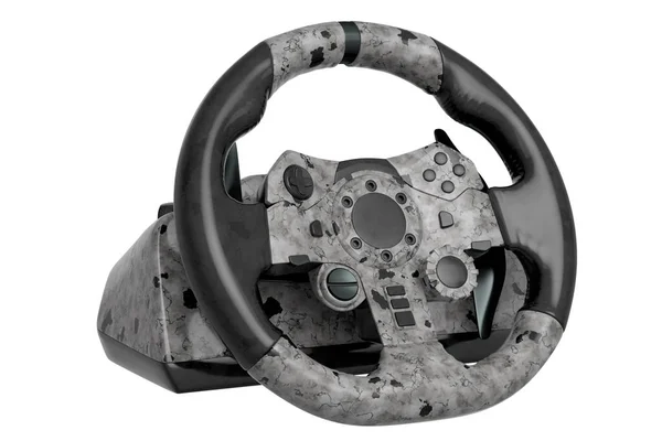 Realistic leather steering wheel with black marble texture on white background. 3d render of gaming machine, streaming gear for cloud gaming and gamer workspace concept