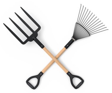 Set of garden pitchfork and rake with wooden handle for harvesting hay isolated on white background. 3d render of garden tool and equipment for farm and harvesting