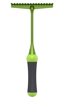 Beyaz arka planda izole edilmiş saman hasadı için ahşap saplı tırmık. Çiftlik ve hasat için 3D bahçe aleti ve ekipmanı