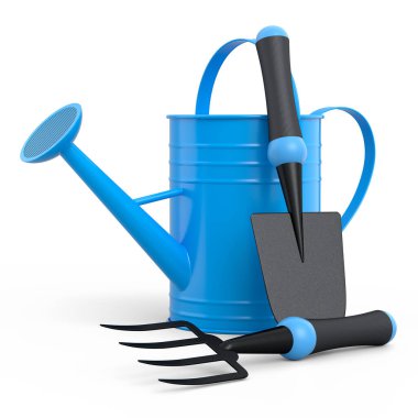 Beyaz arka planda kürek, tırmık ve çatal gibi bahçe aletleriyle sulama tenekesi. 3D bahçe işleri ve tarım malzemeleri kavramı