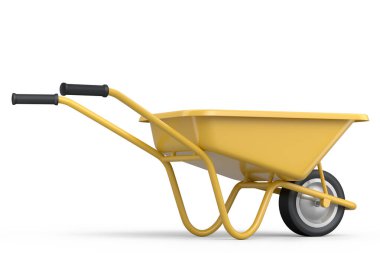 Garden wheelbarrow isolated on white background. Handcart with wheel. 3d render of farm gardening tool for carriage of cargoes.
