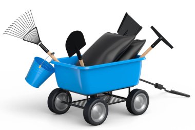 Bahçe el arabası, kürek, su kovası ve beyaz arka planda çatal gibi aletler. El arabası ya da direksiyonlu bir araba. Kargo taşımacılığı için 3D tarım bahçesi oluşturma aracı.